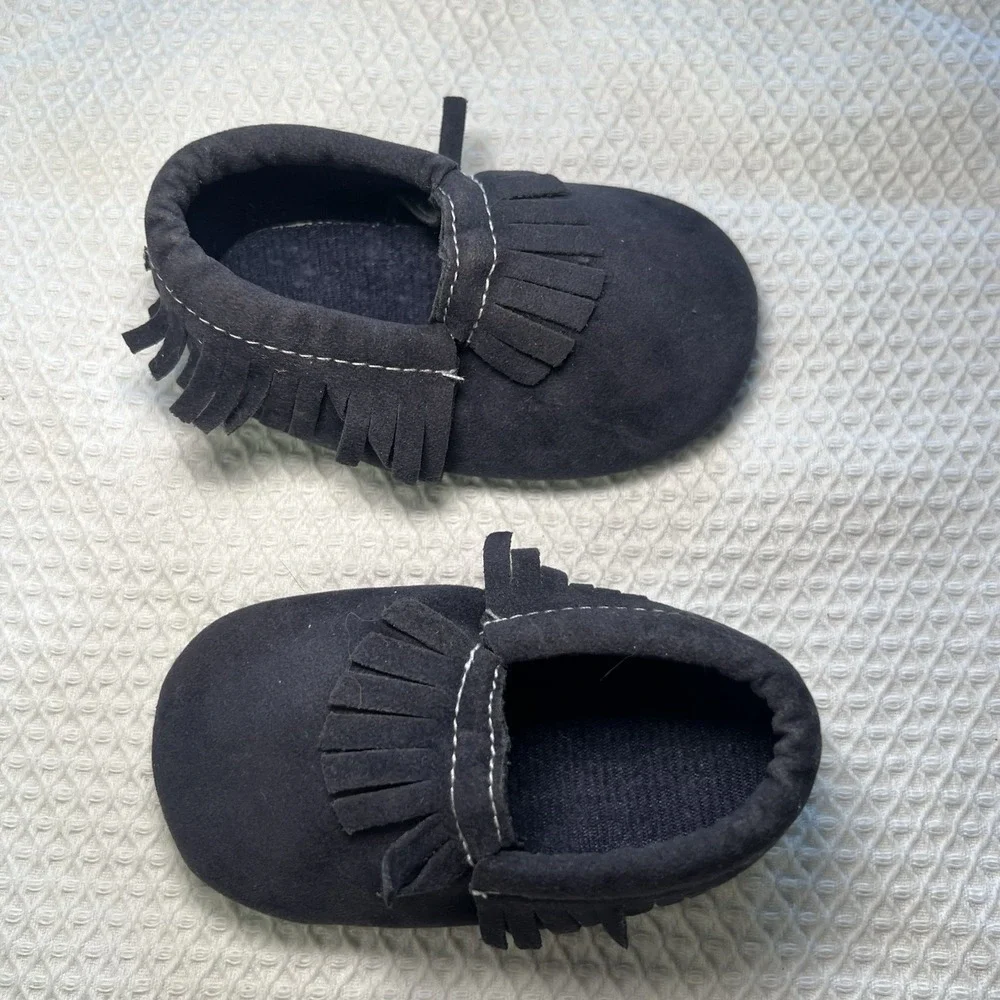 Baby Moccasins Blue Fringe Approx Size 3 Soft Sole Unisex Crawling Shoes Newborn